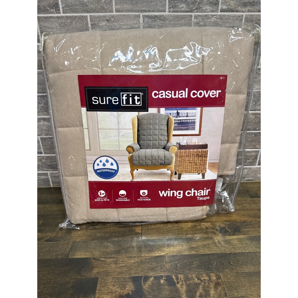 SureFit Casual Cover Wing Chair Slipcover Taupe‎ Waterproof Quilted Soft Suede